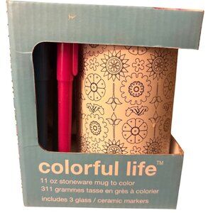 Mug To Color Colorful Life 11 Oz Stoneware W/ 3 Ceramic Markers Flowers Easter